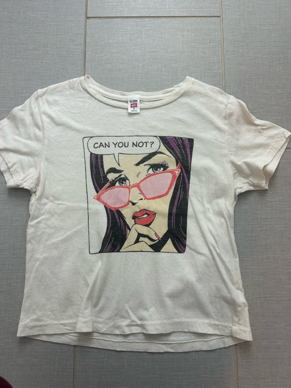 Re/Done White Graphic Comic Tee with Pink Accent